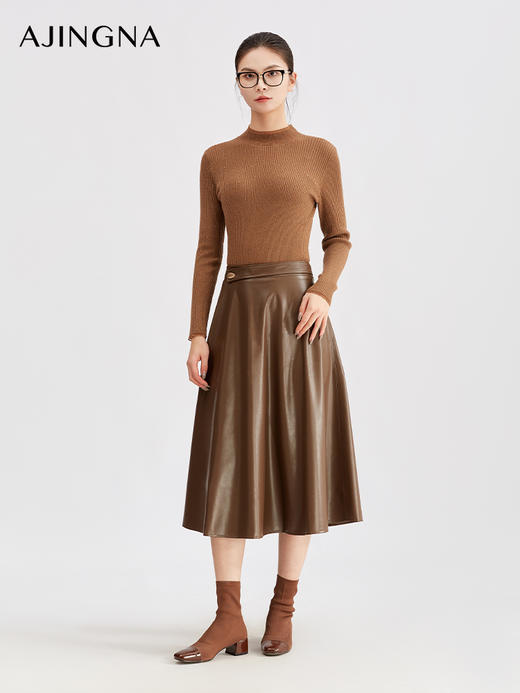 【商场同款】阿菁娜冬季新款复古感A字伞摆半身裙高腰设计金属扣点缀简约不失精致A29D113011 商品图2