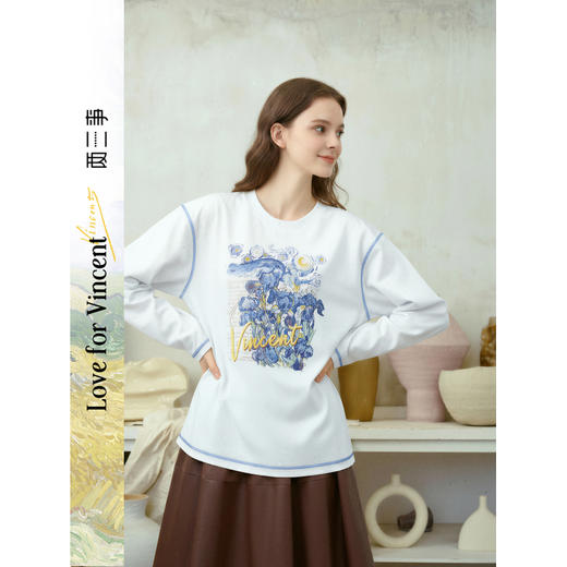 两三事梵高文艺 日光扉页 2026春季新款向日葵印花长袖t恤女宽松 商品图0