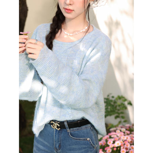 鹿向南「风信子」慵懒感蓝色针织衫女春季收腰显瘦圆领长袖上衣 商品图3