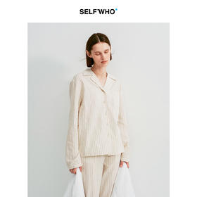 SELFWHO亚麻棉混纺浅卡其色条纹衬衫睡衣套装女2026春新款家居服