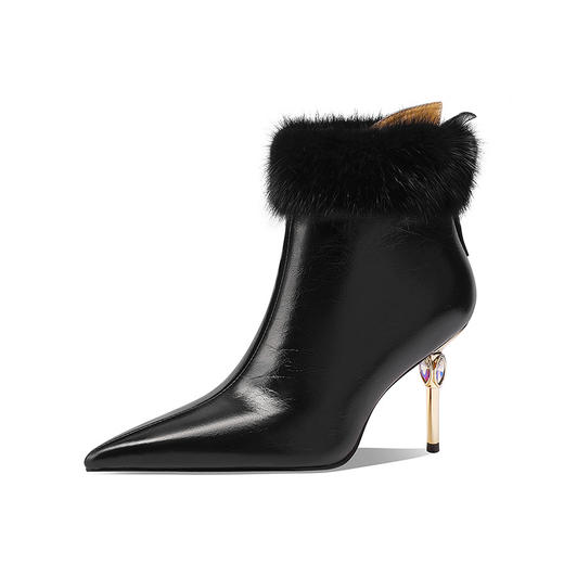 【预售5天】貂毛马丁靴黑色高跟气质高级感尖头细跟毛毛靴短靴A5911 商品图3