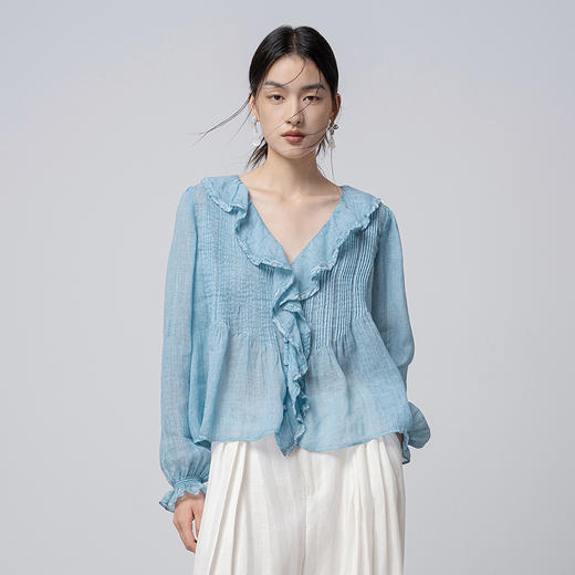 【林栖设计小店】与风共奏|手工炒色苎麻天蓝色温柔荷叶边牙签褶2026春新款衬衣1961180 商品图8