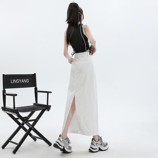 感白色半身裙女夏季设计感小众后开叉字半身长裙高腰直筒裙 商品图3