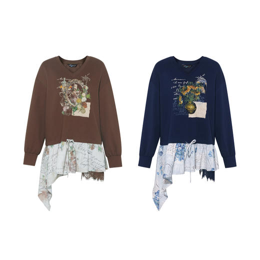 两三事梵高文艺星群旧梦2026春新款荷叶边下摆抽绳收腰印花卫衣女 商品图4