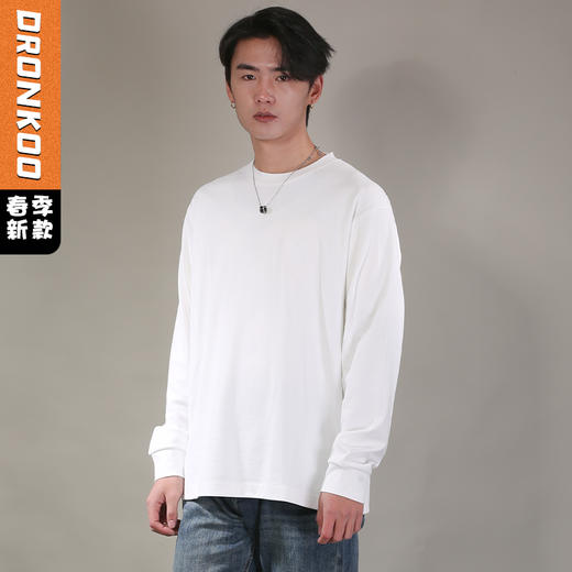 DRONKOO 2026 圆领左胸三排字母刺绣侧小开衩长袖中厚T恤 商品图0
