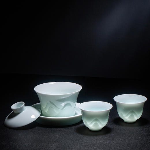 器社 景德镇陶瓷 功夫茶具三才盖碗 青山入盏.影青釉  中式家用高档泡茶套装 商品图2
