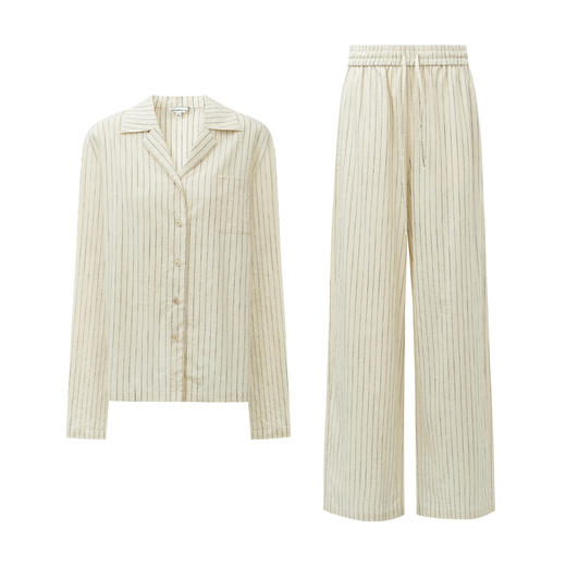 SELFWHO亚麻棉混纺浅卡其色条纹衬衫睡衣套装女2026春新款家居服 商品图4