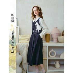 两三事梵高文艺 永夜无形 2026春季新款复古贴布绣假两件连衣裙