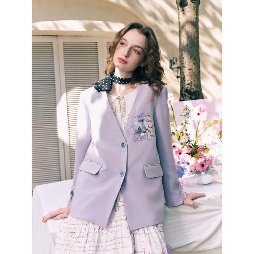 两三事 晚风来信 2026春季新款小清新印花刺绣西装外套女宽松 商品图1