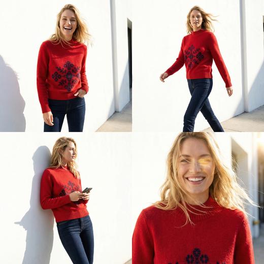 KINGDEER/KD秋冬新款百搭时尚提花设计女式圆领羊绒衫L805544鹿王 红色 商品图9