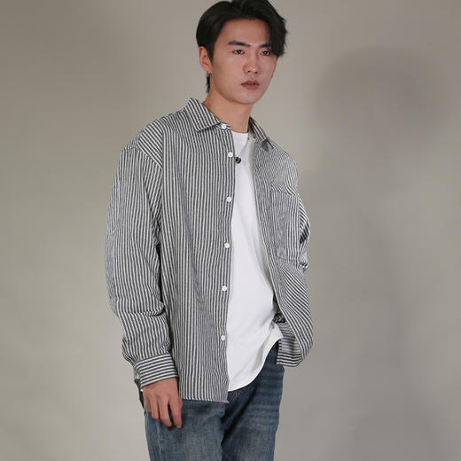 DRONKOO 2026 翻领左贴袋侧唛竖条纹长袖中厚衬衣 商品图1