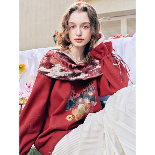 两三事梵高文艺未完日记2026春新款甜美一字肩大翻领印花t恤女 商品图2