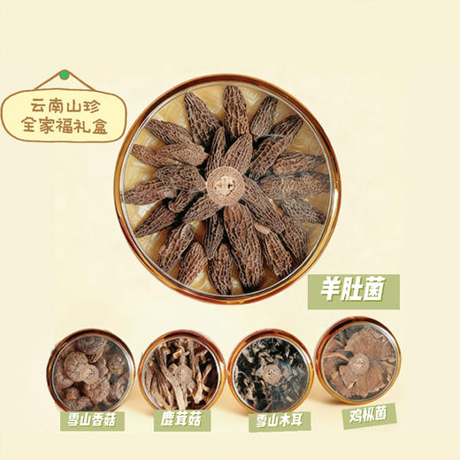 云南名菌喜气高端礼盒（高山羊肚菌35克 +松茸干25克+雪山木耳30克+鸡枞菌30克+牛肝菌30克）一款网罗经典名菌+稀缺干货，不管是春节走亲访友、孝敬长辈，还是商务馈赠，拿得出手倍有面。 商品图3