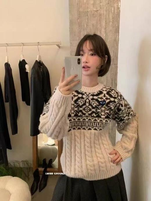 F012212新款麻花纹拼色提花基础圆领毛衣女款 商品图3