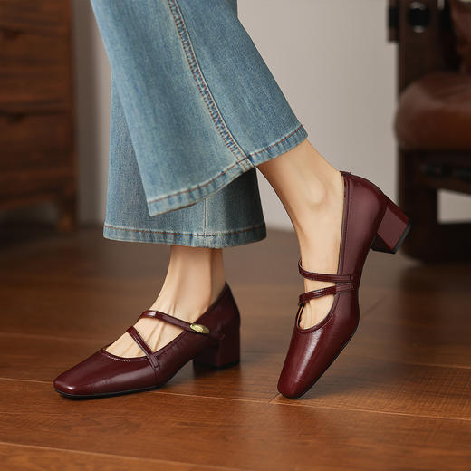 阿么手工女鞋法式粗跟玛丽珍鞋2026新款方头浅口单鞋配裙子4.2CM 商品图1