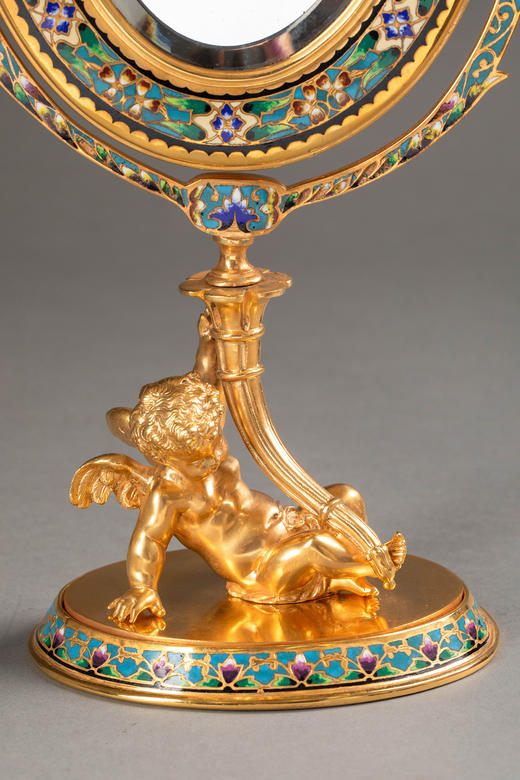 独角鹿西洋古董1850-1870年代法国拿破仑三世时期出品小天使造型铜鎏金精雕镶嵌花卉纹錾胎珐琅桌面立镜 商品图7