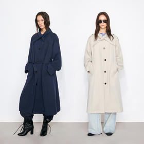 NUTH海军领结廓形宽松长款风衣外套女 可拆卸腰带