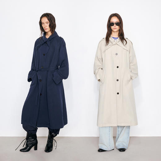 NUTH海军领结廓形宽松长款风衣外套女 可拆卸腰带 商品图0