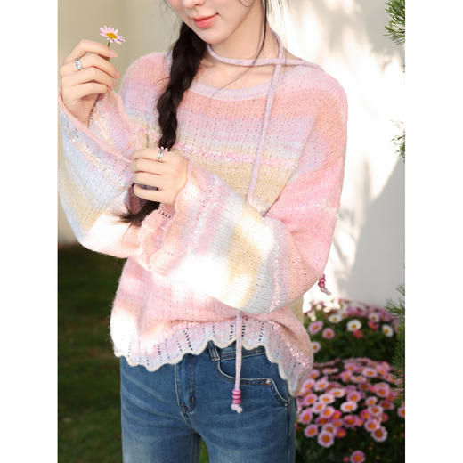 鹿向南「编织彩系」粉色慵懒风针织衫女春季高级洋气薄款罩衫上衣 商品图1