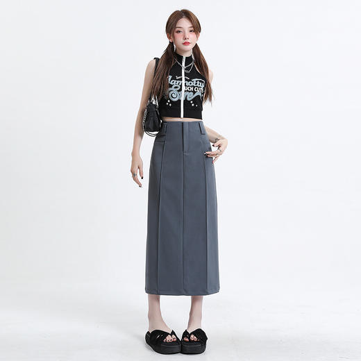 【灰色高腰中裙】2026夏季新款 显瘦学院风西装字一步裙子 后分叉半身裙 商品图2