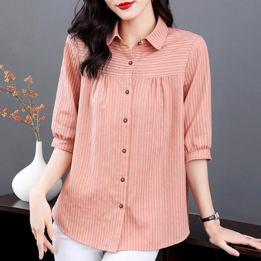 条纹七分袖衬衫女夏季新款大码宽松休闲减龄衬衣中袖条纹上衣中长 商品图1