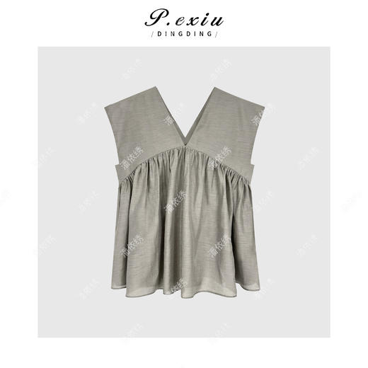 04-1潘依绣丁丁宠粉天丝醋酸V领设计感减龄褶裥无袖衬衫W-63011 商品图1