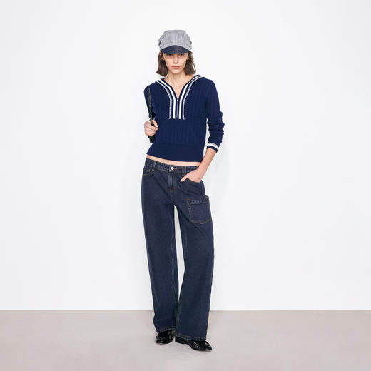 NUTH海军风撞色绞花连帽针织衫女 白色/蓝色 商品图4