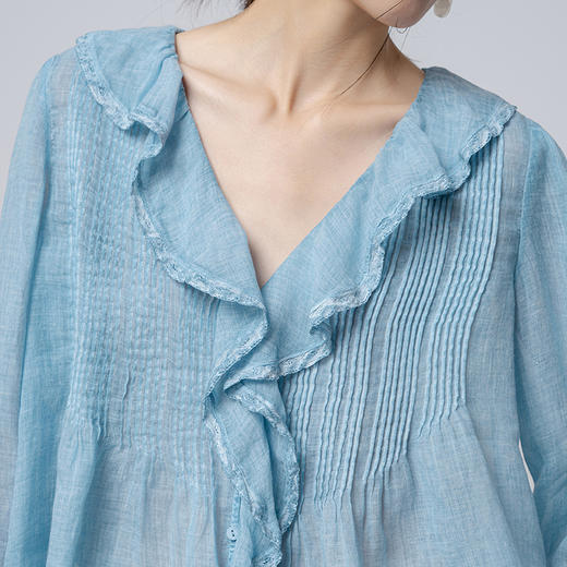 【林栖设计小店】与风共奏|手工炒色苎麻天蓝色温柔荷叶边牙签褶2026春新款衬衣1961180 商品图4