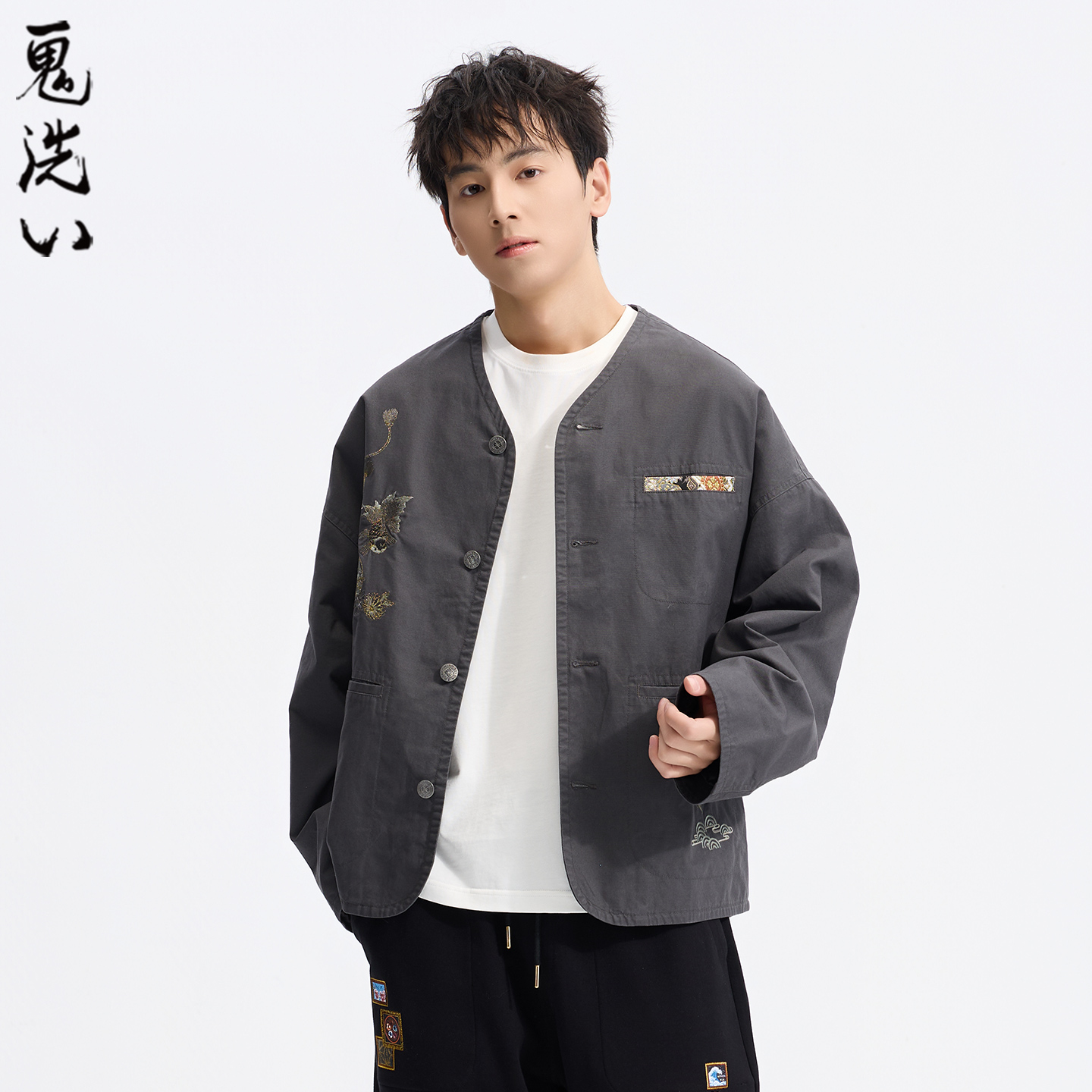 ONIARAI/鬼洗26春季泥棒蓝葫芦金鱼同色刺绣复古V领外套男N340253