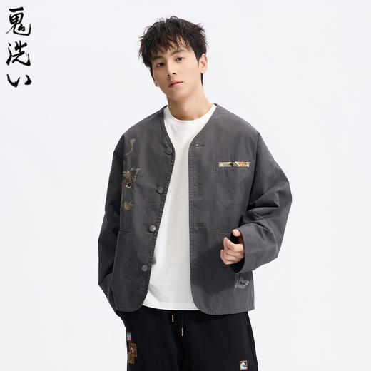 ONIARAI/鬼洗26春季泥棒蓝葫芦金鱼同色刺绣复古V领外套男N340253 商品图0