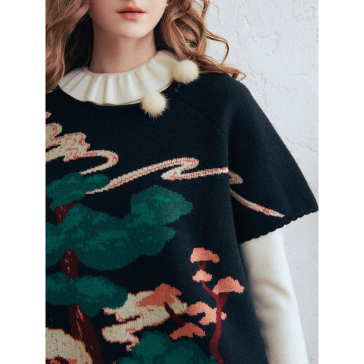 两三事 云驮松青 2026春季新款复古毛球装饰花色套头针织衫女宽松 商品图2