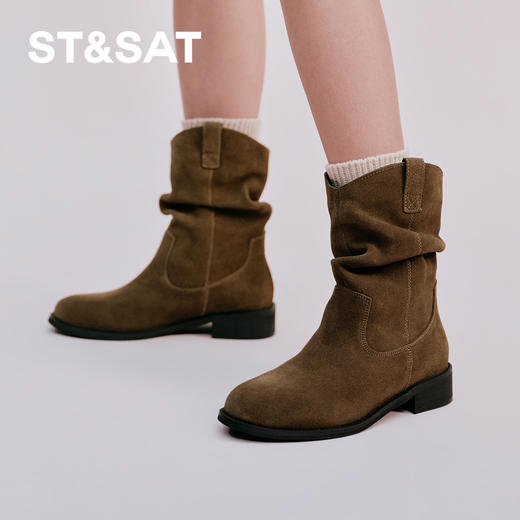 【绒里可选】星期六复古美拉德粗跟V扣堆堆靴SSD4116ECX 商品图2