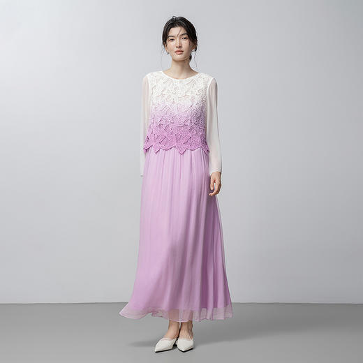 【林栖设计小店】蝶舞翩然|镂空蝴蝶刺绣拼桑蚕丝2026春新款渐变紫连衣裙T1961152 商品图2