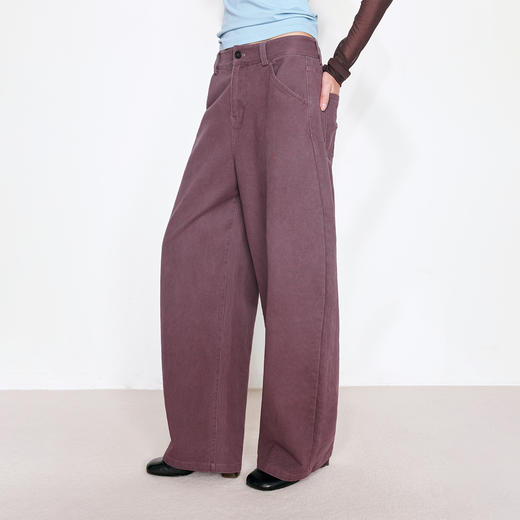 NUTH紫红色复古做旧宽松弯刀工装裤女 商品图2