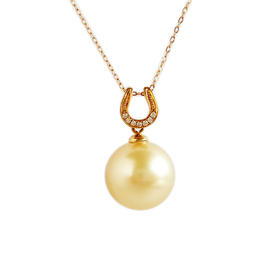 【天然正品】AU750黄金镶钻镶天然约12.2MM近正圆无暇香槟金色海水珍珠吊坠项链21.2*12.2*12.2MM（皆取最大值）311225NJM55