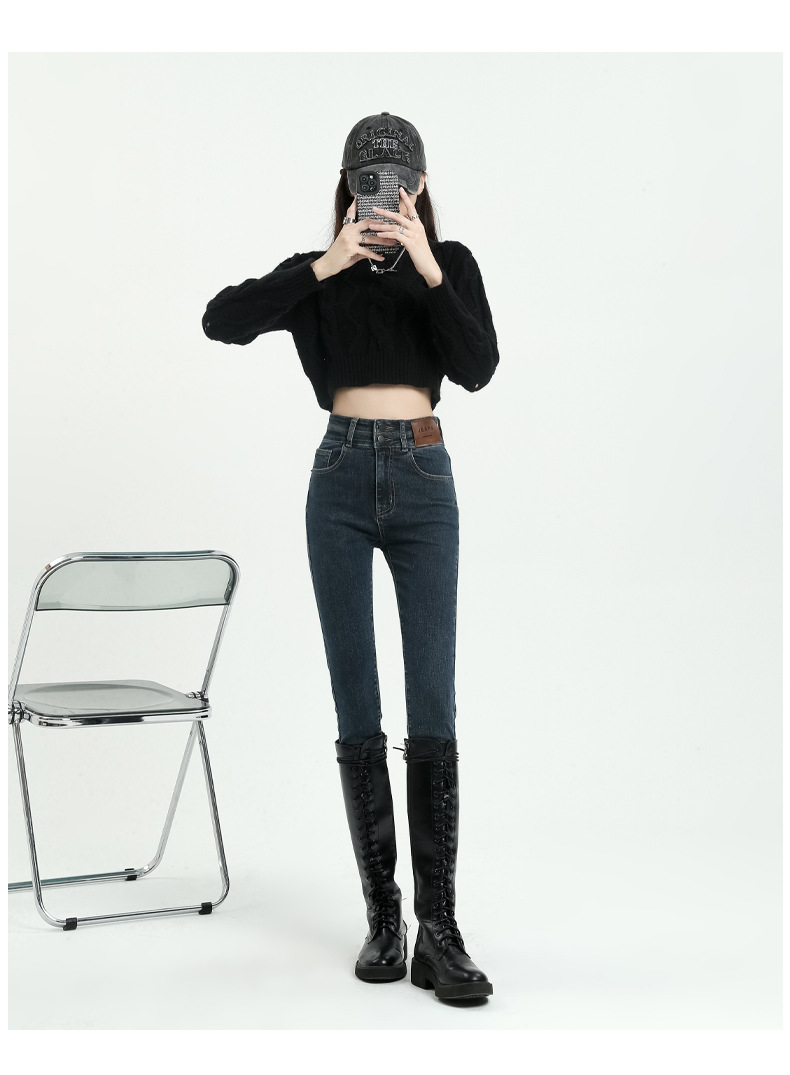 拉夏贝尔紧身小脚牛仔裤女秋季2023新款高腰显瘦修身黑色铅笔