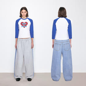 NUTH宽松牛仔拼接可束脚抽绳卫裤女 花灰拼水洗蓝