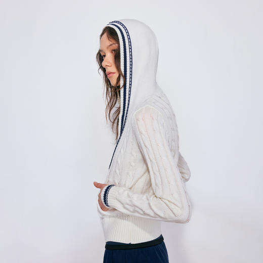 NUTH海军风撞色绞花连帽针织衫女 白色/蓝色 商品图1