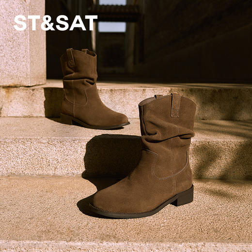 【绒里可选】星期六复古美拉德粗跟V扣堆堆靴SSD4116ECX 商品图1