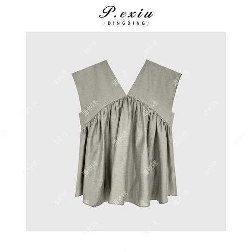 04-1潘依绣丁丁宠粉天丝醋酸V领设计感减龄褶裥无袖衬衫W-63011 商品图2
