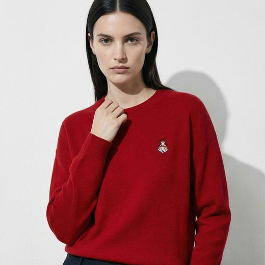 KINGDEER/KD秋冬新款女式圆领刺绣长袖羊绒衫L805554全部红色款鹿王 红色 商品图6