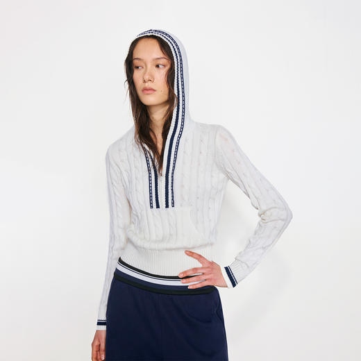 NUTH海军风撞色绞花连帽针织衫女 白色/蓝色 商品图3