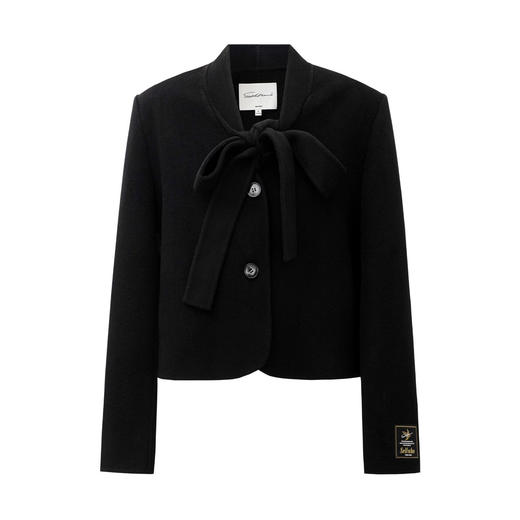 SELFWHO纯绵羊毛飘带领双面呢短外套女2025冬新款直身H型毛呢外套 商品图4