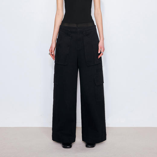 NUTH双腰头多口袋宽松阔腿工装裤女 黑色 商品图1