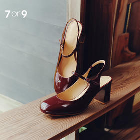 7or9玛丽珍后空粗跟法式复古高跟鞋新款浆果酒