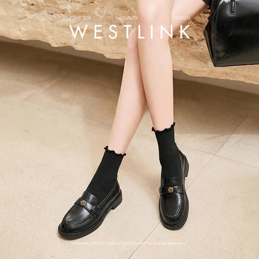 西遇山茶花乐福鞋女2026春季新款粗跟单鞋英伦风一脚蹬软底小皮鞋V0166207 商品图1