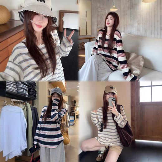 【经典条纹❗️随性穿搭】美式复古撞色条纹长袖T恤女秋季休闲宽松百搭圆领上衣韩版。jc 商品图3