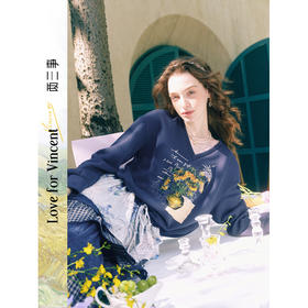 两三事梵高文艺星群旧梦2026春新款荷叶边下摆抽绳收腰印花卫衣女