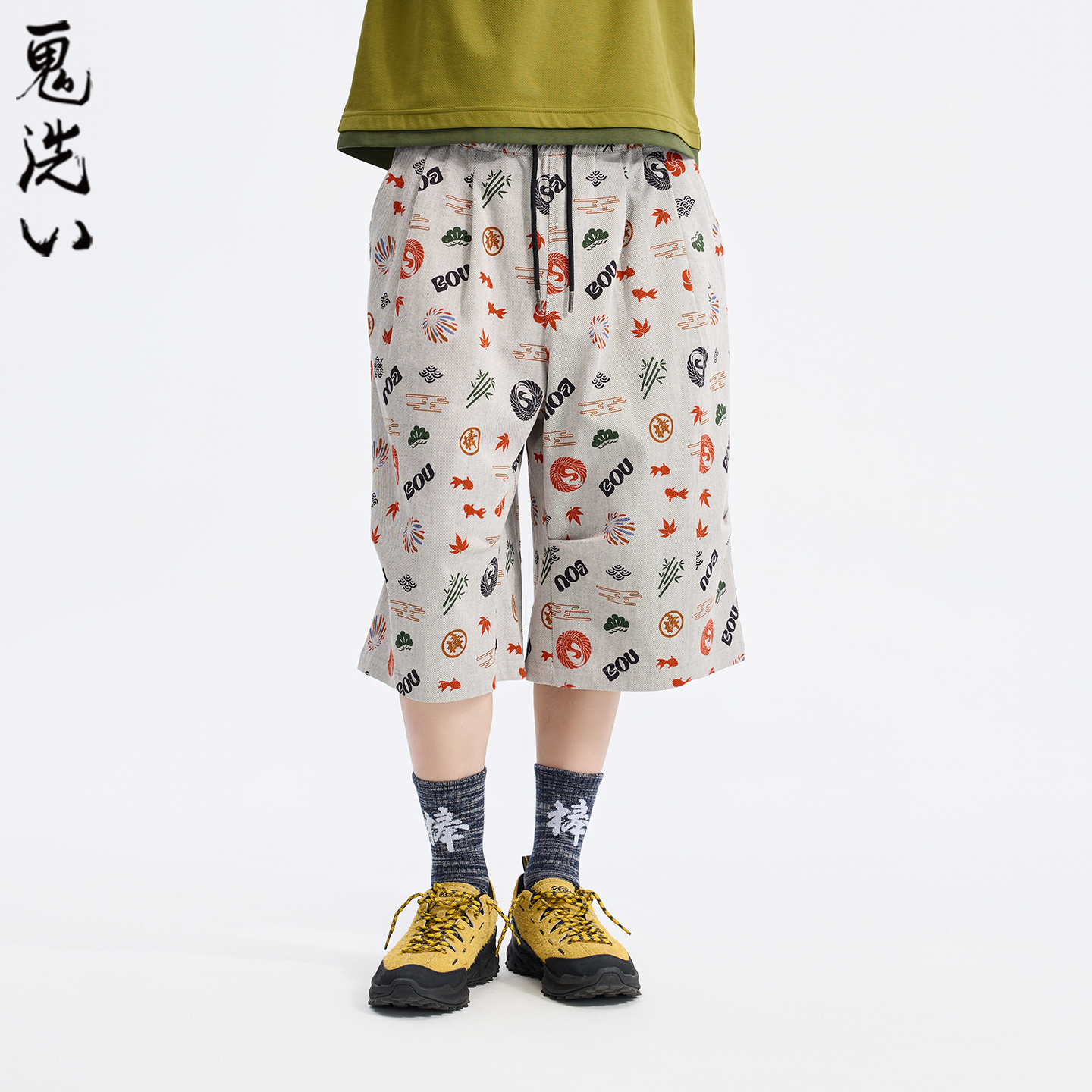 ONIARAI/鬼洗26夏季棒系列好运纹样满印双面牛仔7分宽裤男26N0541