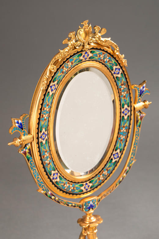 独角鹿西洋古董1850-1870年代法国拿破仑三世时期出品小天使造型铜鎏金精雕镶嵌花卉纹錾胎珐琅桌面立镜 商品图5